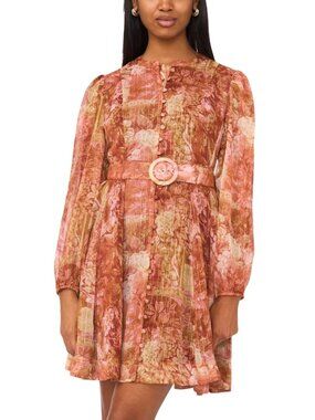 Halogen Floral Long Sleeve Belted A-Line Dress Vintage Pearl Whimsical Sz L NWT
